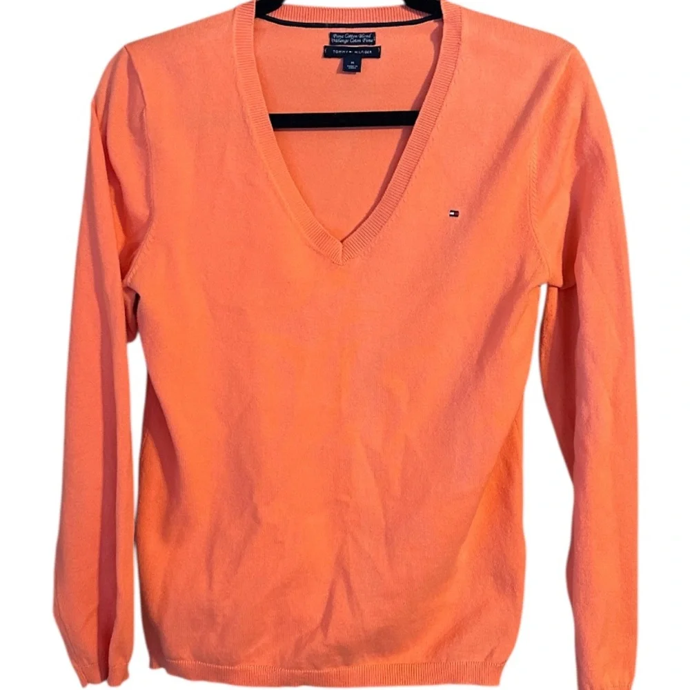 Tommy Hilfiger Womens Pima Cotton V-Neck Sweater Medium Coral Classic Knit
